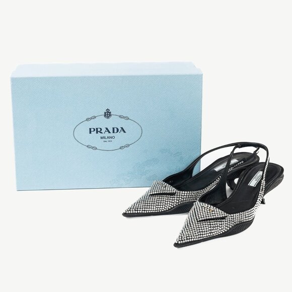 Prada Black Satin Crystal Sling-Back Pumps - Picture 1 of 11